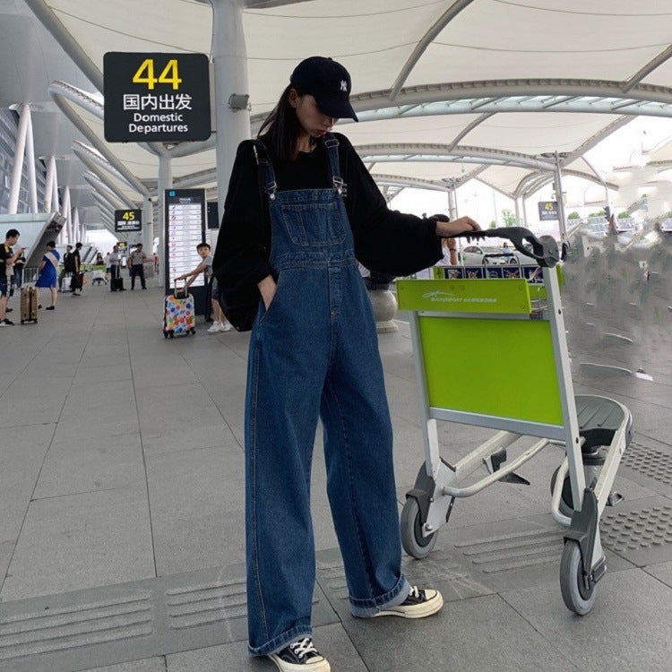 Design Sense Niche Denim Strap Pants Korean Style Loose Retro Hong Kong Style Age-Reducing Cute Japanese Student Small - Image 4
