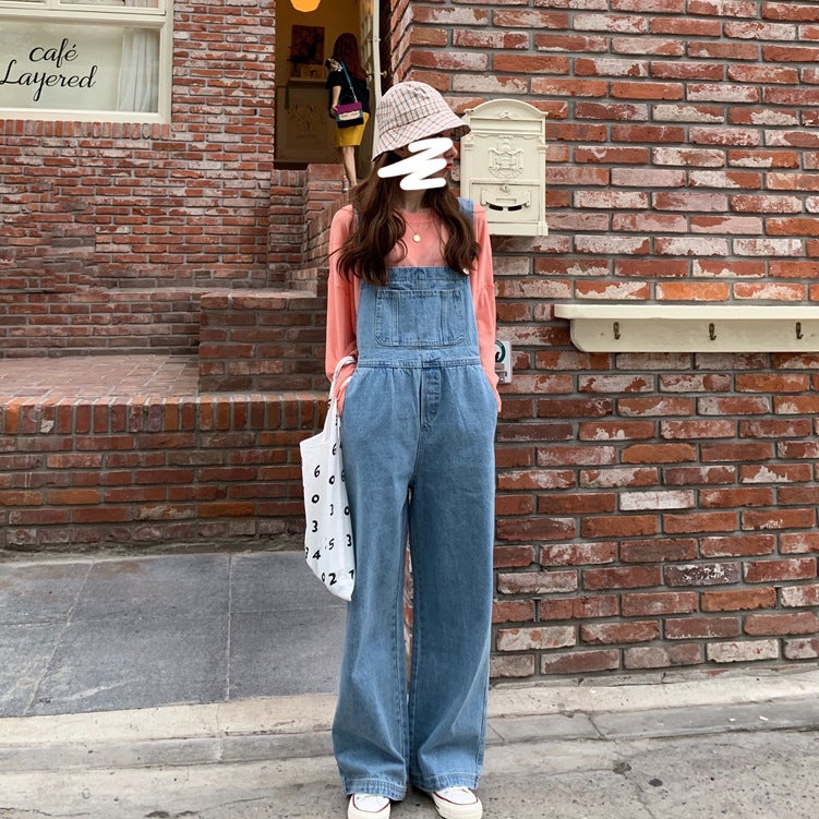 Design Sense Niche Denim Strap Pants Korean Style Loose Retro Hong Kong Style Age-Reducing Cute Japanese Student Small - Image 3