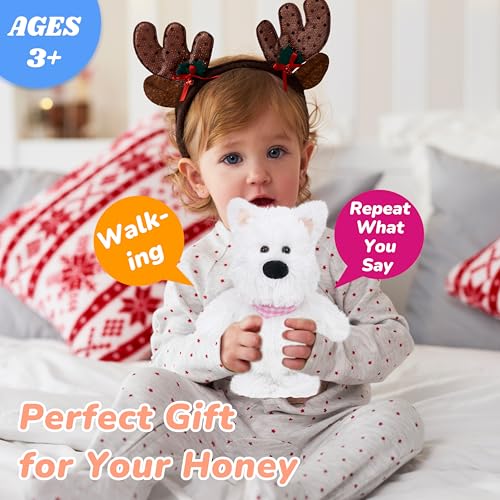 Hopearl Talking Singing Westie with Pink Bib Repeats What You Say Dog Walking Puppy Electric Interactive Animated Toy Speaking Plush Buddy Gifts for Toddlers White 9 - Image 5
