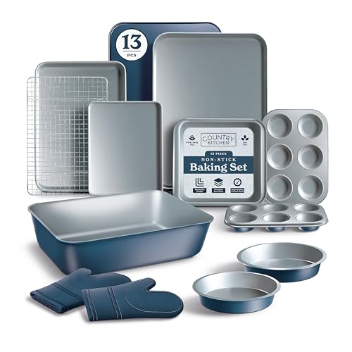 Country Kitchen Nonstick Stackable Bakeware Set - Deluxe Heavy Duty, Durable, Easy Release Baking Set, Denim, 13 Pcs - Image 1