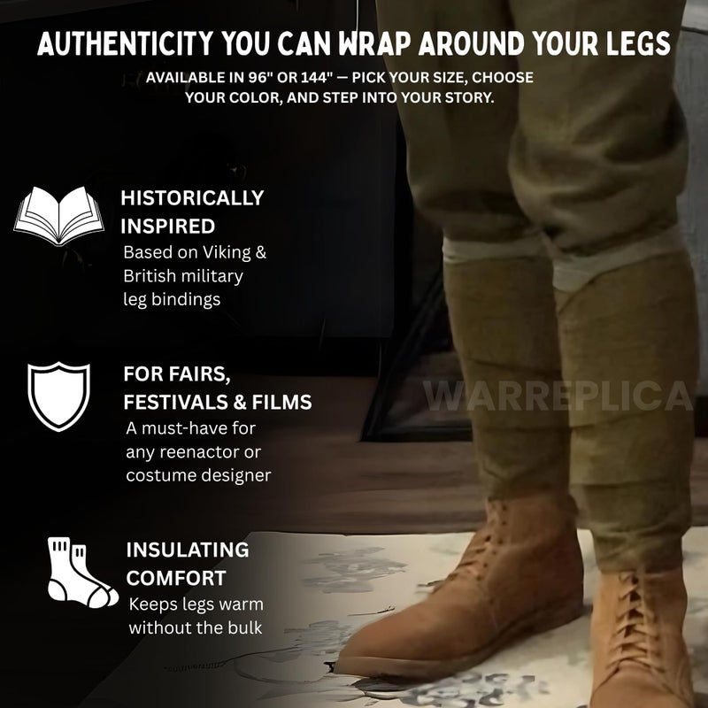 warreplica WW1 US Army M1910 Leggings Wrapsâ€“ Khaki Greenish 96" Historical Reproduction Military Gaiters for Authentic WWII Uniform Costume,Reenactment,or Collectors Display- Adjustable Length - Image 5