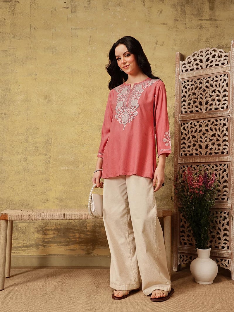 QAZMI Women Rayon Regular Fit Kashmiri A-Line Flared Kurti_Xl Peach - Image 5
