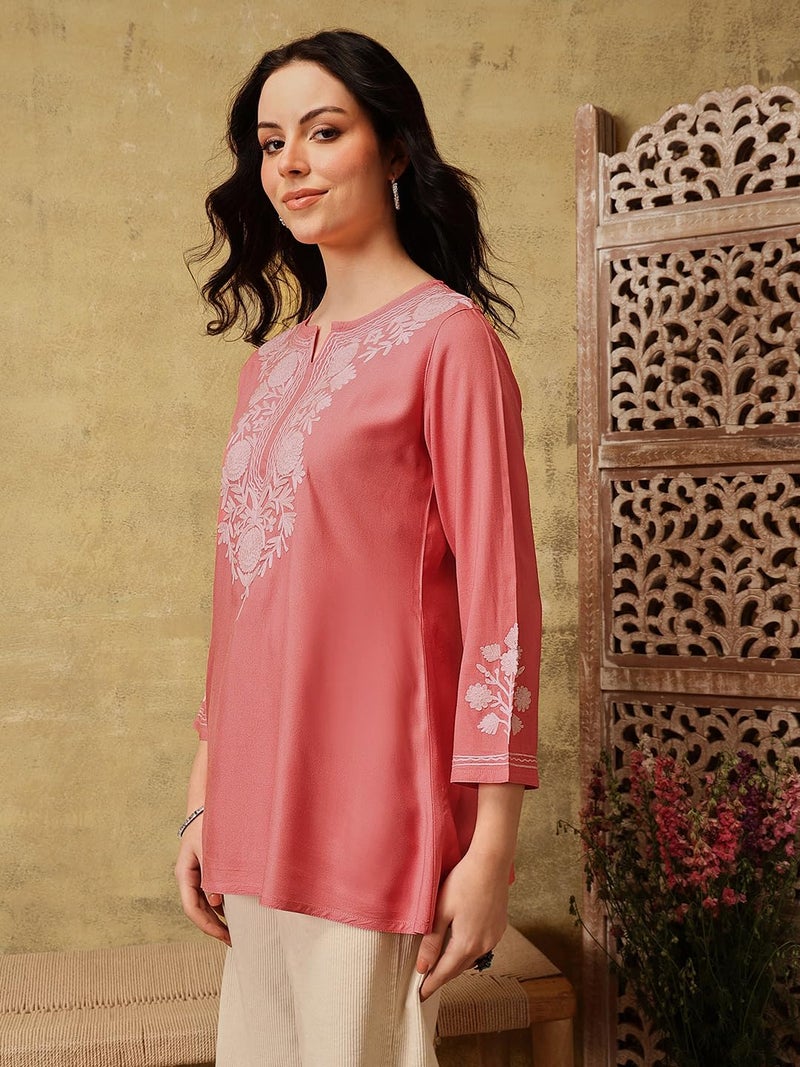 QAZMI Women Rayon Regular Fit Kashmiri A-Line Flared Kurti_Xl Peach - Image 3