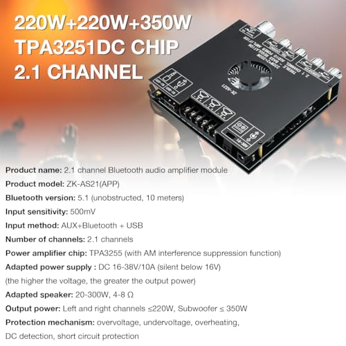 Hosyond ZK-AS21 TPA3255 Bluetooth 5.1 Power Amplifier Board HiFi 2.1 Channel 220Wx2+350W Digital Audio Receiver AMP Board with Treble and Bass Control for DIY Speakers - Image 5