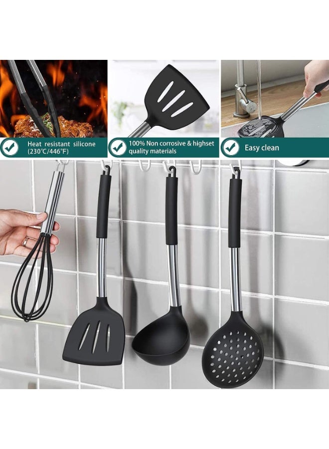 15-Piece Silicone Cooking Utensil Set with Stainless Steel Handle, Non-stick, Black - Image 5