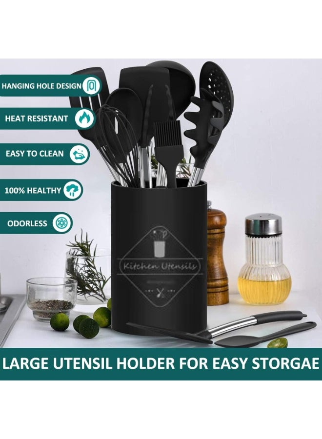 15-Piece Silicone Cooking Utensil Set with Stainless Steel Handle, Non-stick, Black - Image 2