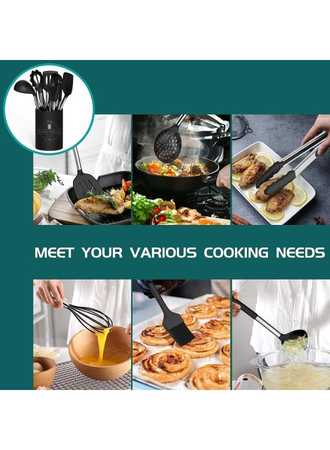 15-Piece Silicone Cooking Utensil Set with Stainless Steel Handle, Non-stick, Black - Image 4