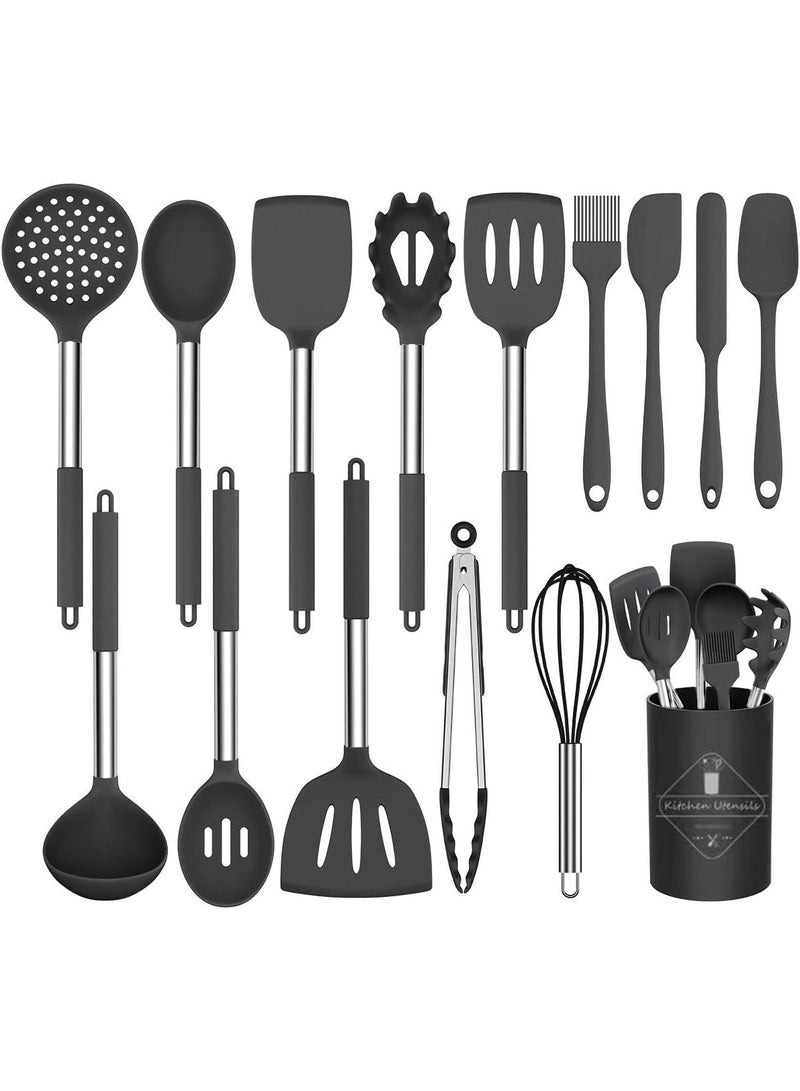 15-Piece Silicone Cooking Utensil Set with Stainless Steel Handle, Non-stick, Black - Image 1