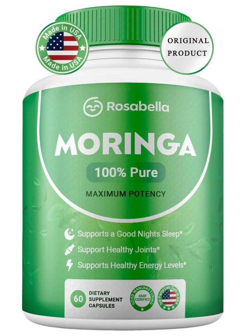 Rosabella Moringa Powder Capsules - Pure Nutrient-Rich Moringa Powder - A Natural Green Antioxidant Superfood - Supports Energy, Skin Health, Gut Health+ - w/Essential Vitamins & Amino Acids A1  - Image 1