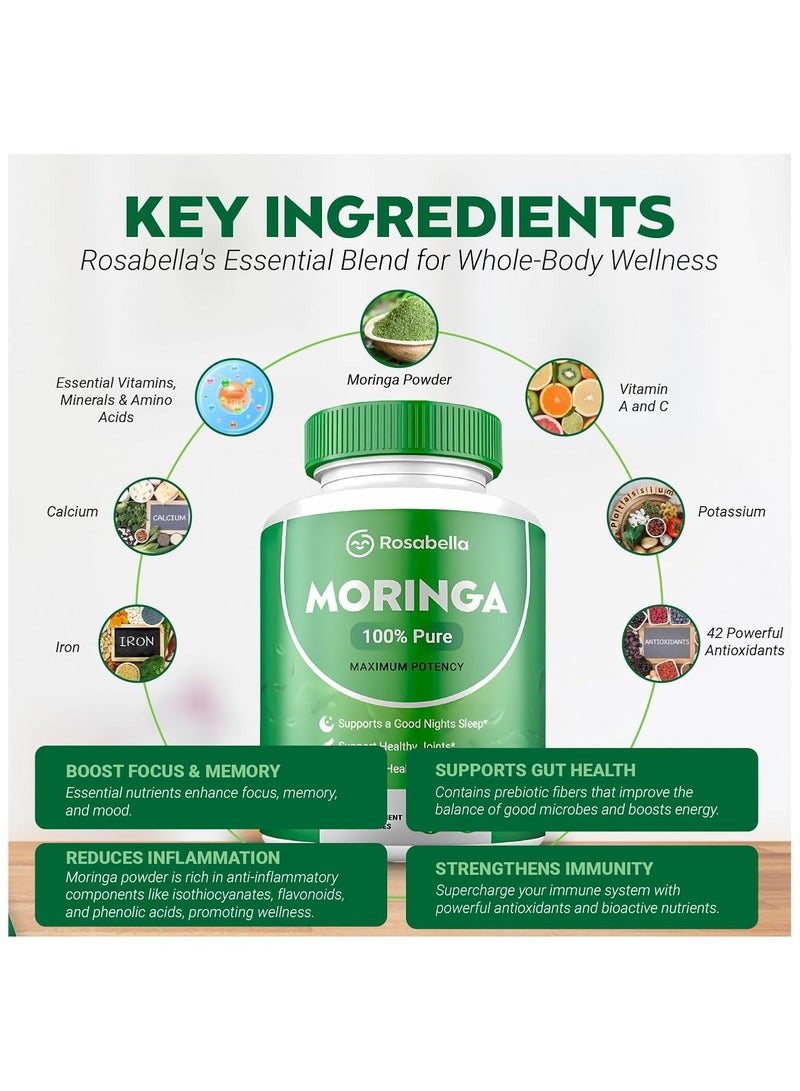 Rosabella Moringa Powder Capsules - Pure Nutrient-Rich Moringa Powder - A Natural Green Antioxidant Superfood - Supports Energy, Skin Health, Gut Health+ - w/Essential Vitamins & Amino Acids A1  - Image 2