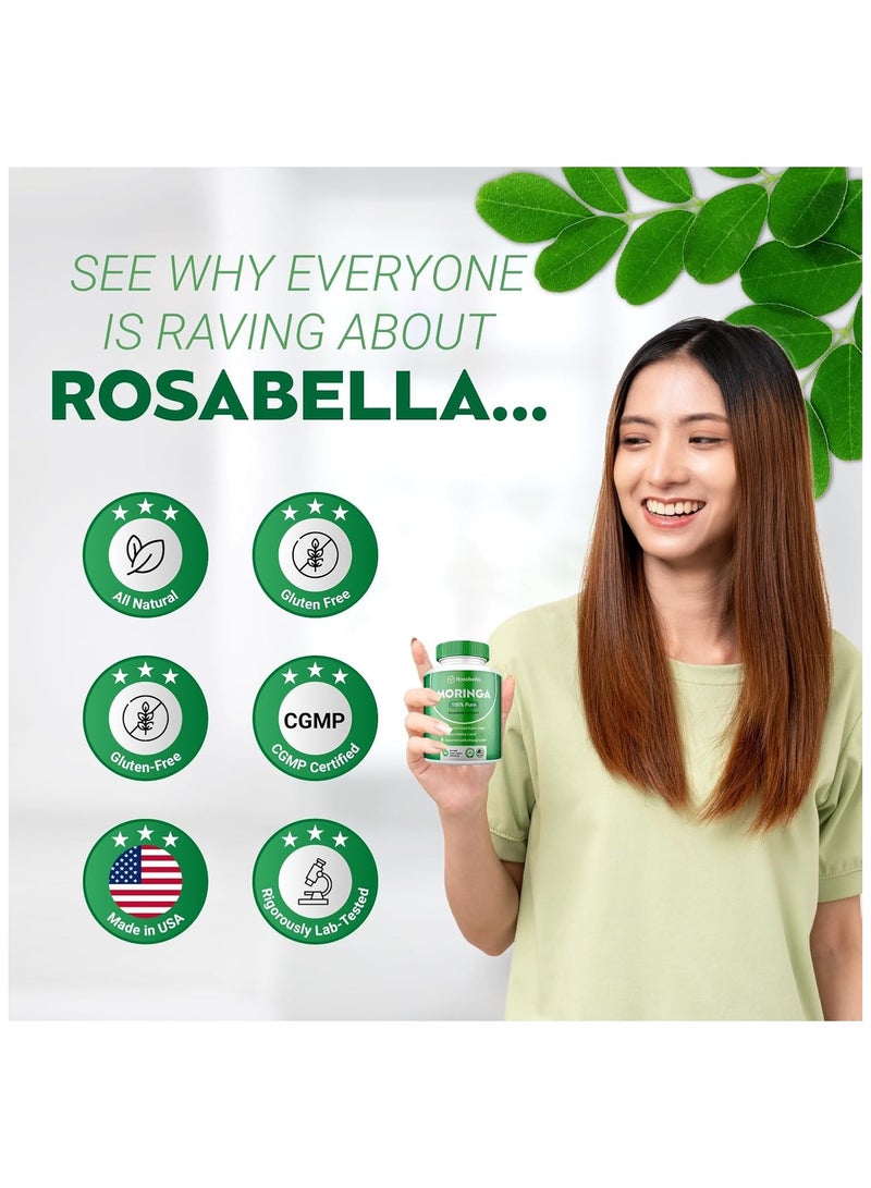 Rosabella Moringa Powder Capsules - Pure Nutrient-Rich Moringa Powder - A Natural Green Antioxidant Superfood - Supports Energy, Skin Health, Gut Health+ - w/Essential Vitamins & Amino Acids A1  - Image 3