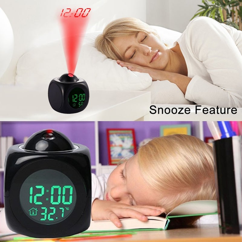 Electronic desk clock, brightness can be set, temperature display, time projection, 5 music alarms, date, black - Image 3