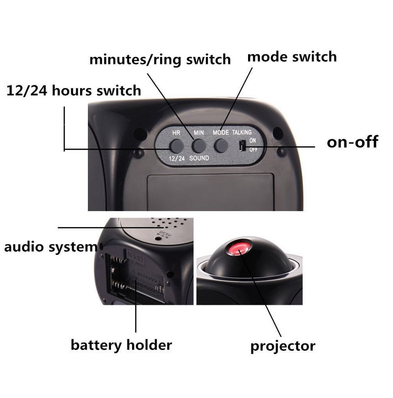 Electronic desk clock, brightness can be set, temperature display, time projection, 5 music alarms, date, black - Image 5