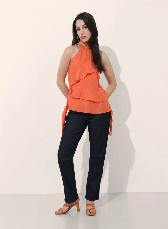 Freehand Women Regular Fit Solid Round Neck Sleeveless Ruffled Top