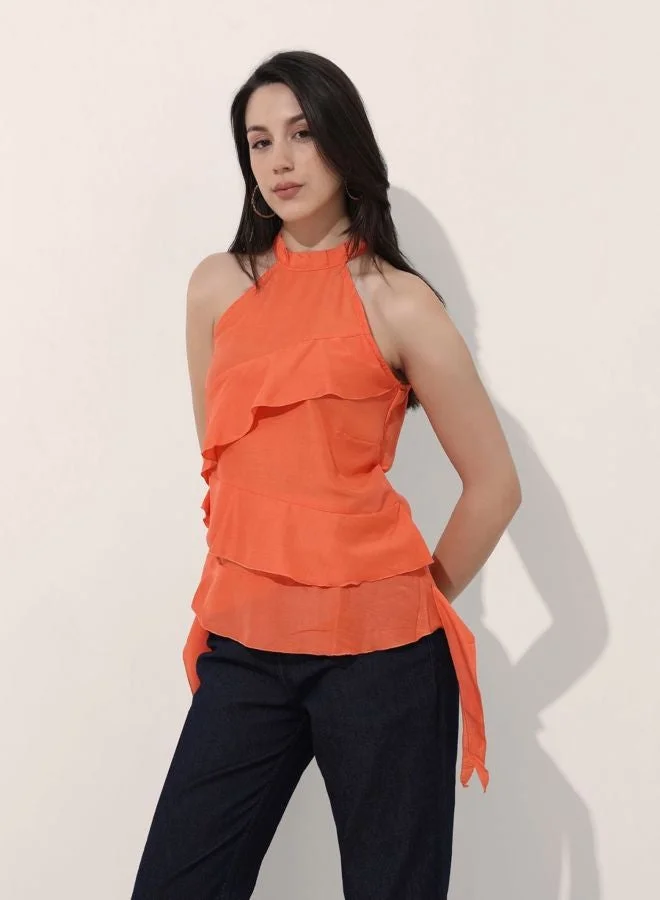 Freehand Women Regular Fit Solid Round Neck Sleeveless Ruffled Top