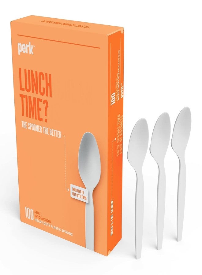 PERK Staples Perk Plastic Spoons, Heavy-Weight Disposable Silverware, Perfect For Breakfast, Snacks, Desserts, 100-Pack, White - Image 1