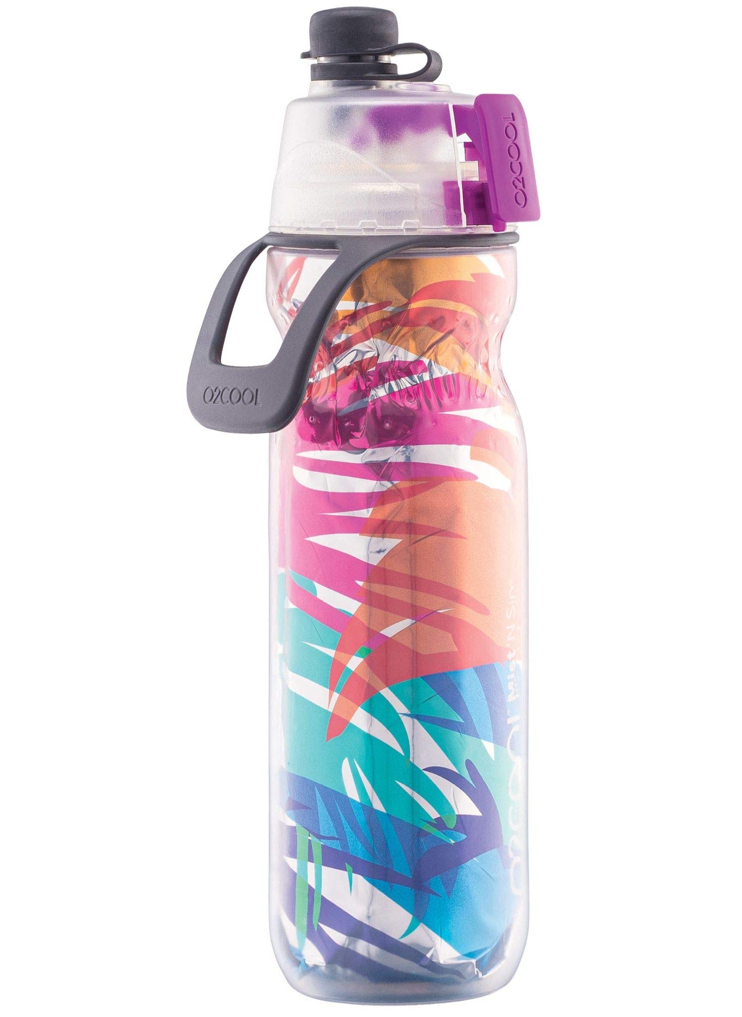 O2COOL O2COOL Mist N Sip Misting Water Bottle 2in1 Mist And Sip Function With No Leak Pull Top Spout Reusable Sports Water Bottle  20 oz Palm Leaf 
