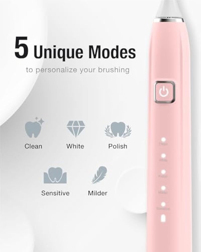 7AM2M Sonic Electric Toothbrush with 6 Brush Heads for Adults and Kids, One Charge for 90 Days, Wireless Fast Charge, 5 Modes with 2 Minutes Built in Smart Timer, Electric Toothbrushes(Pink) - Image 3