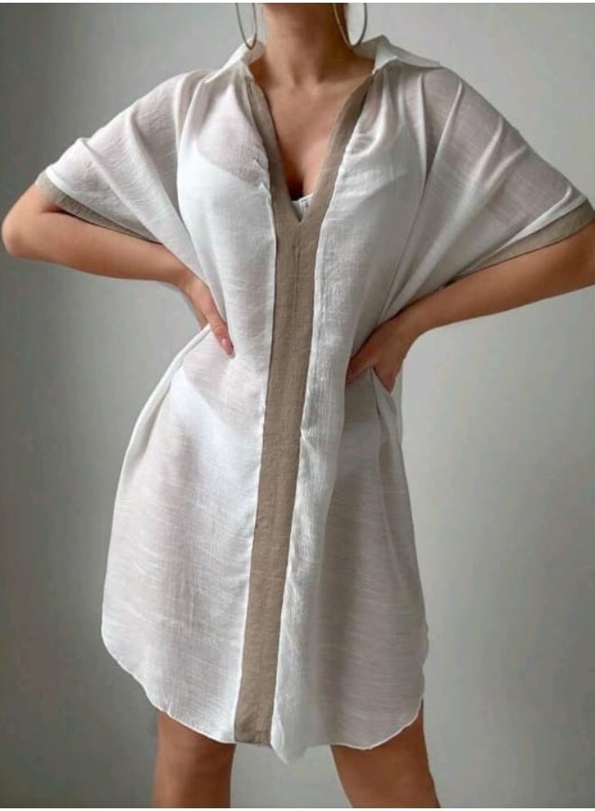 SHEIN Swim Spring Break Women Vacation Beach Solid Color V-Neck Short Sleeve Chiffon Cover Up, Casual Festival Boho - Image 1