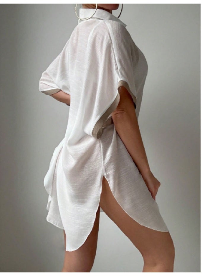 SHEIN Swim Spring Break Women Vacation Beach Solid Color V-Neck Short Sleeve Chiffon Cover Up, Casual Festival Boho - Image 2