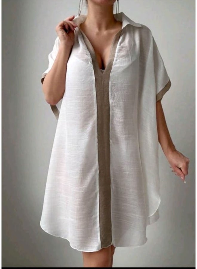 SHEIN Swim Spring Break Women Vacation Beach Solid Color V-Neck Short Sleeve Chiffon Cover Up, Casual Festival Boho - Image 4