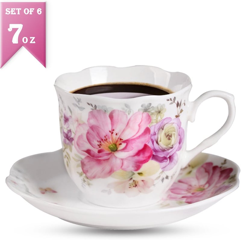GuangYang 12 Pieces (Tiny Style) Espresso Cups and Saucers，2.5 ounce/80ml，Set of 6,Mini Premium Porcelain Coffee Cup Set, Fancy Flower Pattern Design - Image 3