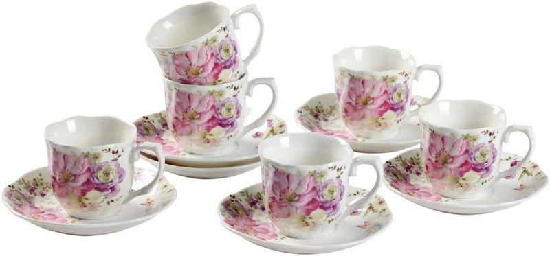 GuangYang 12 Pieces (Tiny Style) Espresso Cups and Saucers，2.5 ounce/80ml，Set of 6,Mini Premium Porcelain Coffee Cup Set, Fancy Flower Pattern Design - Image 1