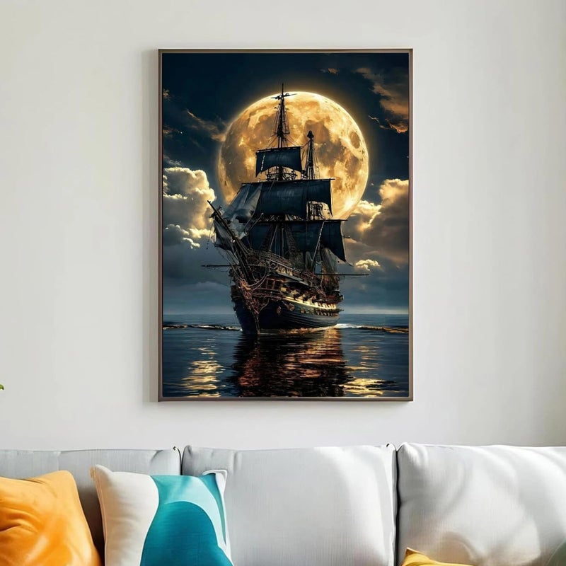 ckdiluy Pirate Ship Diamond Art Kits for Adults,5D Moonlight Full Round Drill Diamond Painting Kits for Adults Beginners,DIY Diamond Painting Gem Art Kits for Gift Home Wall Decor 12x16inch - Image 4