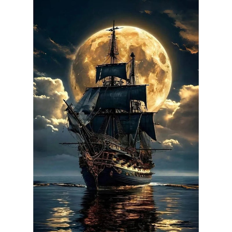 ckdiluy Pirate Ship Diamond Art Kits for Adults,5D Moonlight Full Round Drill Diamond Painting Kits for Adults Beginners,DIY Diamond Painting Gem Art Kits for Gift Home Wall Decor 12x16inch - Image 1
