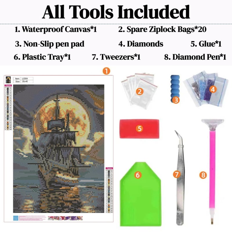 ckdiluy Pirate Ship Diamond Art Kits for Adults,5D Moonlight Full Round Drill Diamond Painting Kits for Adults Beginners,DIY Diamond Painting Gem Art Kits for Gift Home Wall Decor 12x16inch - Image 5