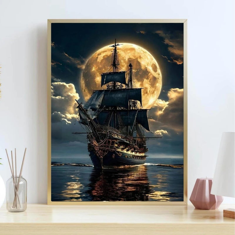 ckdiluy Pirate Ship Diamond Art Kits for Adults,5D Moonlight Full Round Drill Diamond Painting Kits for Adults Beginners,DIY Diamond Painting Gem Art Kits for Gift Home Wall Decor 12x16inch - Image 3