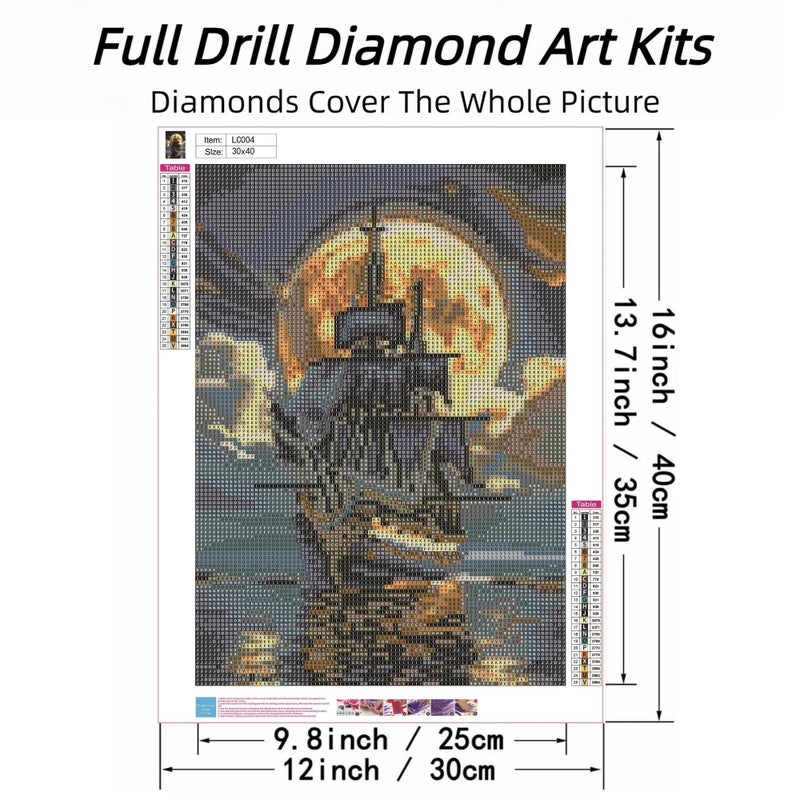ckdiluy Pirate Ship Diamond Art Kits for Adults,5D Moonlight Full Round Drill Diamond Painting Kits for Adults Beginners,DIY Diamond Painting Gem Art Kits for Gift Home Wall Decor 12x16inch - Image 2