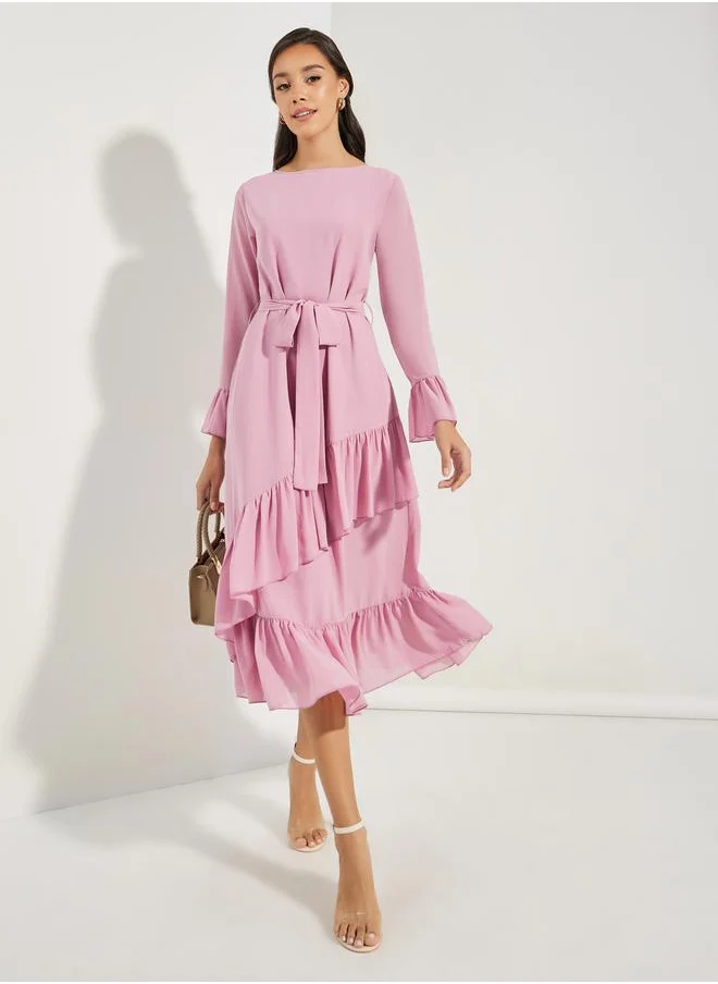 Styli Asymmetric Overlay Ruffled Midi Dress