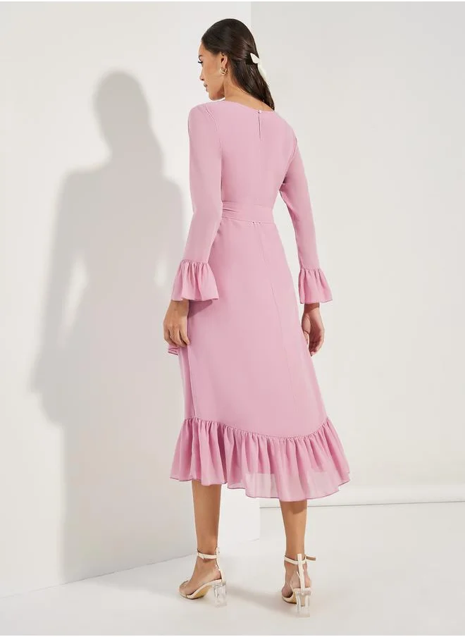 Styli Asymmetric Overlay Ruffled Midi Dress