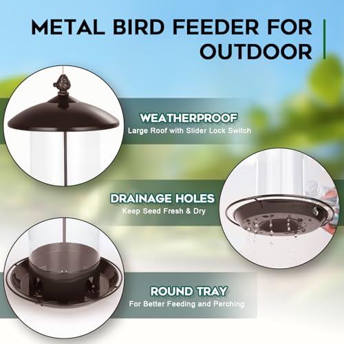 Gbekery Metal Bird Feeders for Outdoors Hanging, Weather Resistant Wild Bird Feeder with 360 Degree Feeding Tray, Brown - Image 3