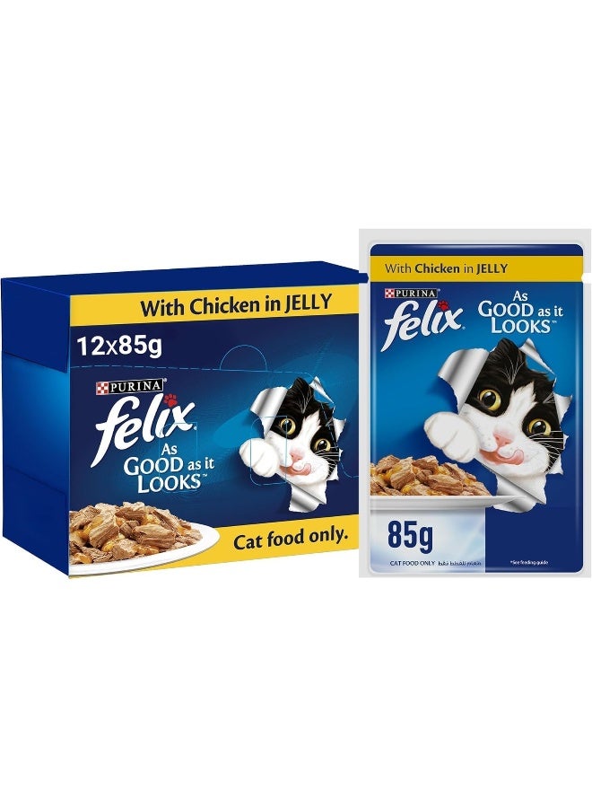 PURINA بوريانا فيليكس كما يبدو جيدًا للقطط البالغة مع الدجاج في الجيلي 85 جرام، عبوة من 24