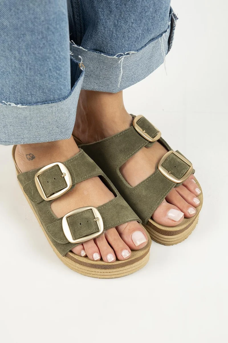 Manijero Manijero Selina Women's Leather Double Buckle Khaki Slippers
