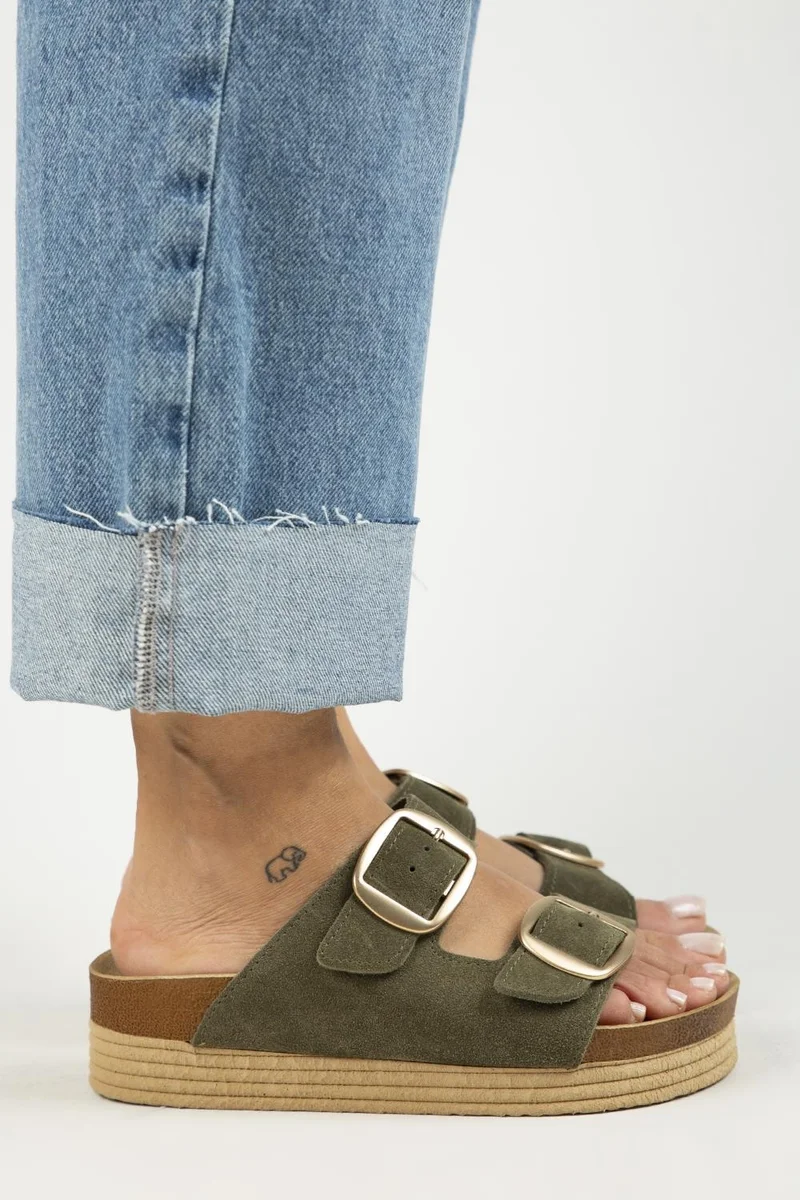 Manijero Manijero Selina Women's Leather Double Buckle Khaki Slippers