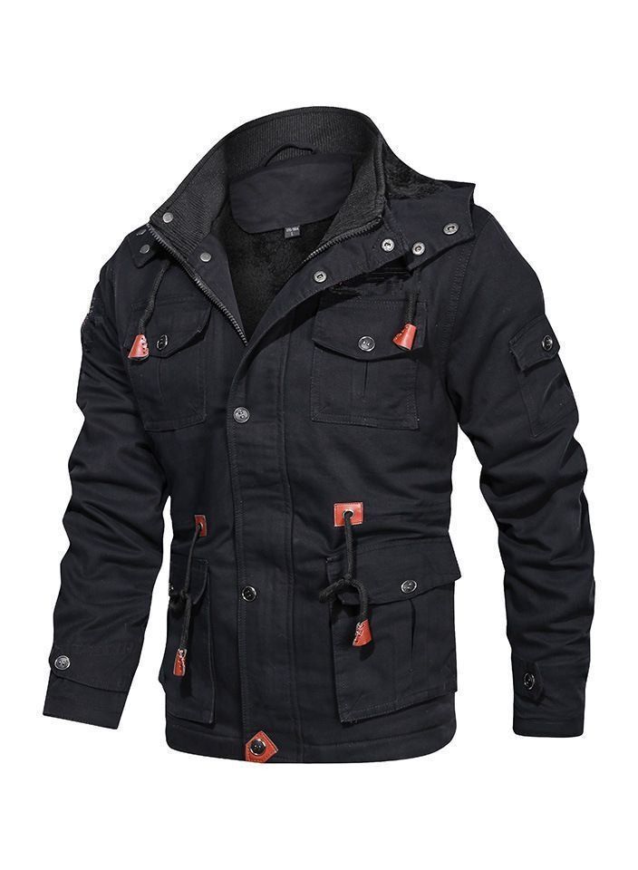 Loquat Men's Trench Cloose Standing Collar Hooded Jacket Black - Image 1