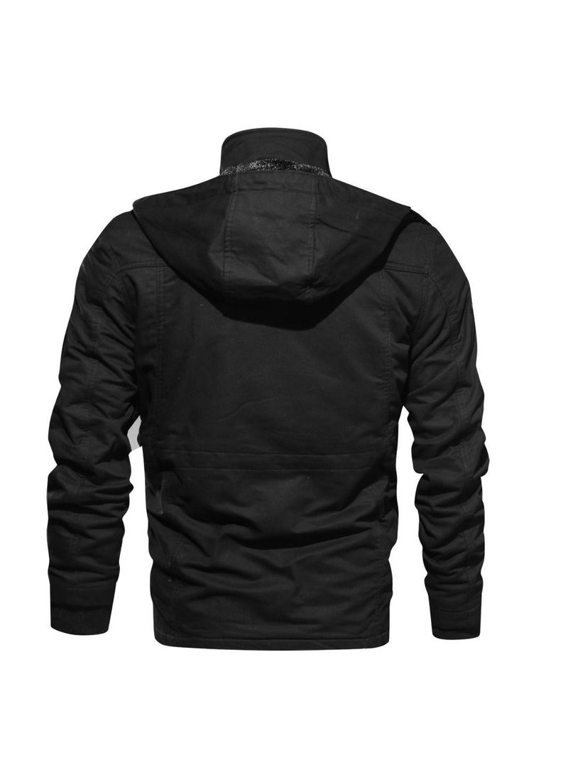 Loquat Men's Trench Cloose Standing Collar Hooded Jacket Black - Image 2