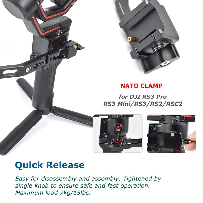 KOQINVIZ مقبض يد قابل للتعديل 360° مع مشبك ناتو لجهاز DJI RS3 Pro/RS3 Mini/RS3/RS2/RSC2، مقبض جيمبال مع فتحة باردة وفتحات تثبيت 1/4" - Image 5