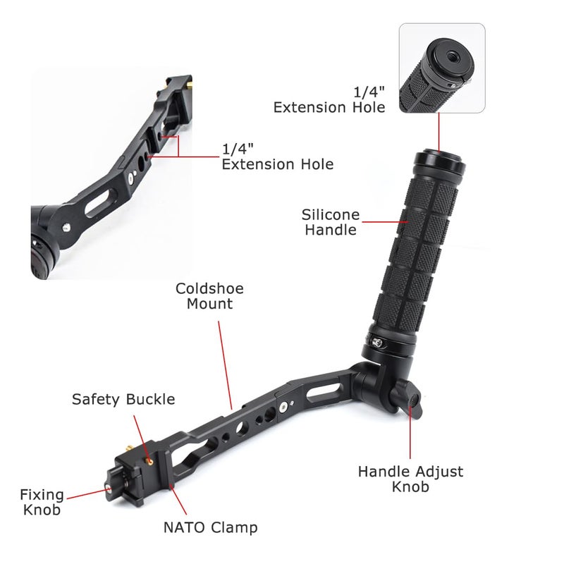 KOQINVIZ مقبض يد قابل للتعديل 360° مع مشبك ناتو لجهاز DJI RS3 Pro/RS3 Mini/RS3/RS2/RSC2، مقبض جيمبال مع فتحة باردة وفتحات تثبيت 1/4" - Image 2