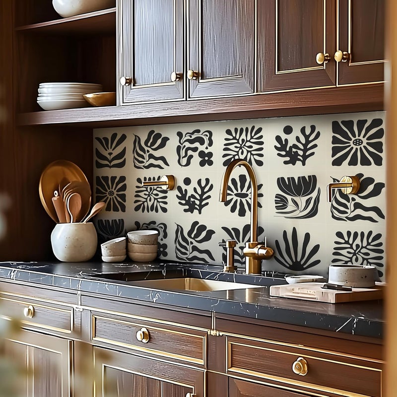 Alwayspon Self-Adhesive Vinyl Wall Tile Stickers, 10Pcs 20cm/8inch Peel and Stick on Tiles Transfer Vinyl Flooring Waterproof Splashback for Kitchen Bathroom, Black White Floral - Image 5