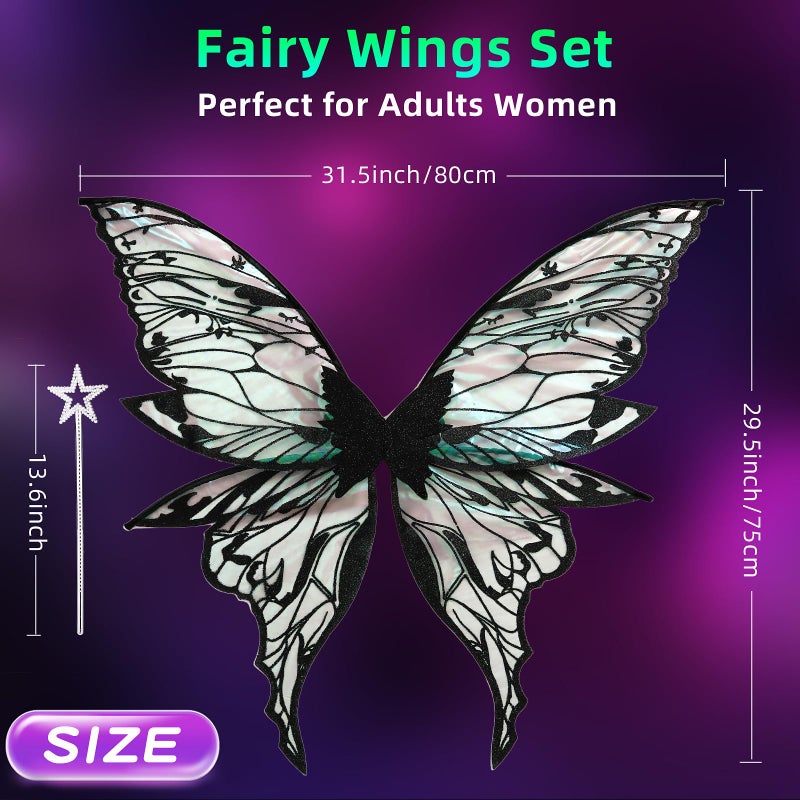 Loieryk Fairy Wings for Adults Women 31.5"x29.5" Fairy Costume Set Large Butterfly Wings for Halloween Party Black - Image 4