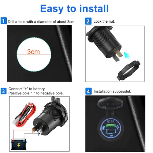 HOKAAER 12V USB Quick Charge 3.0 Port & PD USB C Car Charger Socket, 12V USB Outlet with Wire for Car Marine Boat Motorcycle RV Truck - Image 5