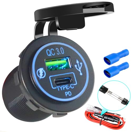 HOKAAER 12V USB Quick Charge 3.0 Port & PD USB C Car Charger Socket, 12V USB Outlet with Wire for Car Marine Boat Motorcycle RV Truck - Image 1