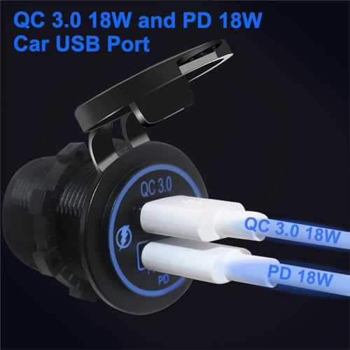 HOKAAER 12V USB Quick Charge 3.0 Port & PD USB C Car Charger Socket, 12V USB Outlet with Wire for Car Marine Boat Motorcycle RV Truck - Image 2