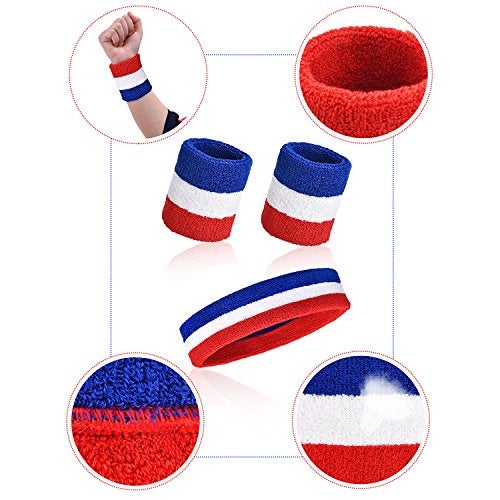 WILLBOND 3 Pcs Sweatbands Set 80s 90s Neon Sports Headband Tennis Striped Sweat Band Sports Competitions Games for Men Women Party Supplies(Red, White and Blue,Striped Style) - Image 2