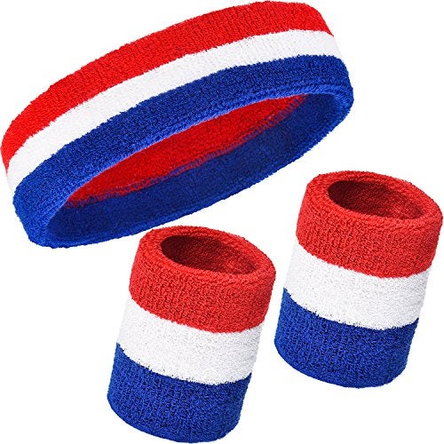 WILLBOND 3 Pcs Sweatbands Set 80s 90s Neon Sports Headband Tennis Striped Sweat Band Sports Competitions Games for Men Women Party Supplies(Red, White and Blue,Striped Style) - Image 1