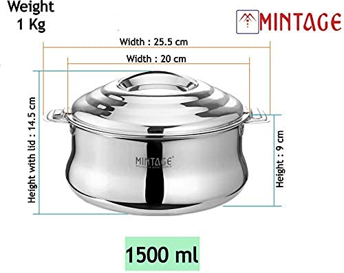 Mintage Casserole with Lid 1500+2200 ML Set of 2 | Casserole for Roti Hot Case | Stainless Steel | Dolphin Hot Case Hot Pot, Food Grade | Rice-Gravy-Curry, Silver Box - Image 2